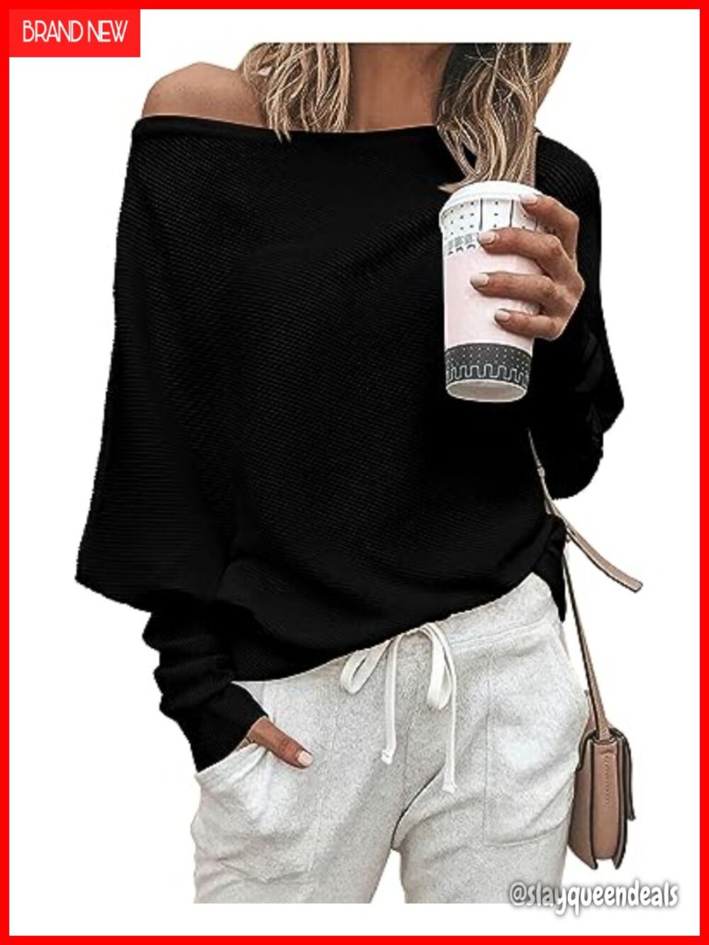 Off The Shoulder Knit Pullover Sweater Batwing Long Sleeve Women's Loose Fit